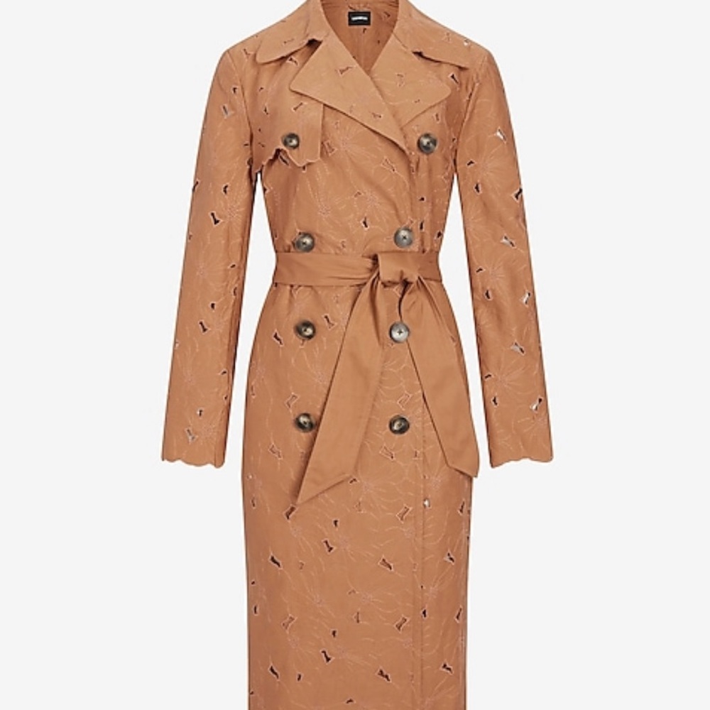 New with tags EXPRESS FLORAL CUTOUT embroidered belted trench jacket coat Large